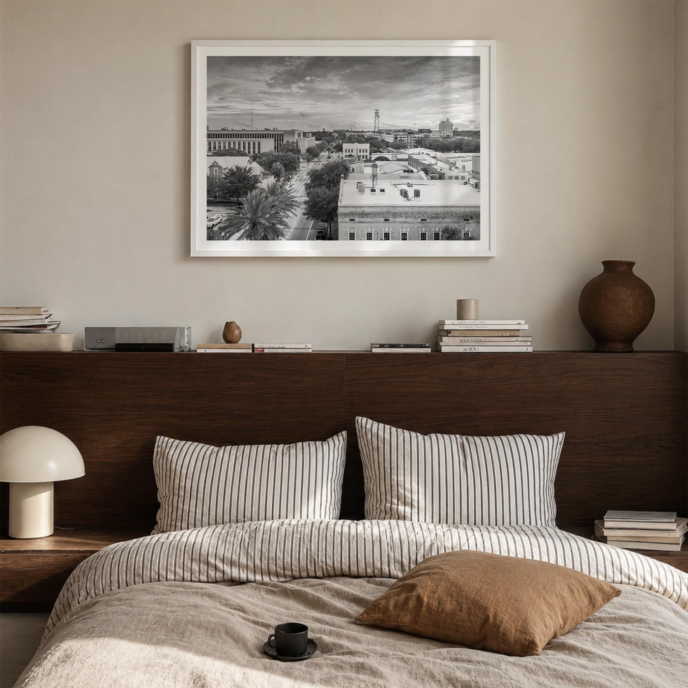 Gainesville black & white photo poster of Florida, USA – horizontal wall art in white wood frame with white border, hanging o