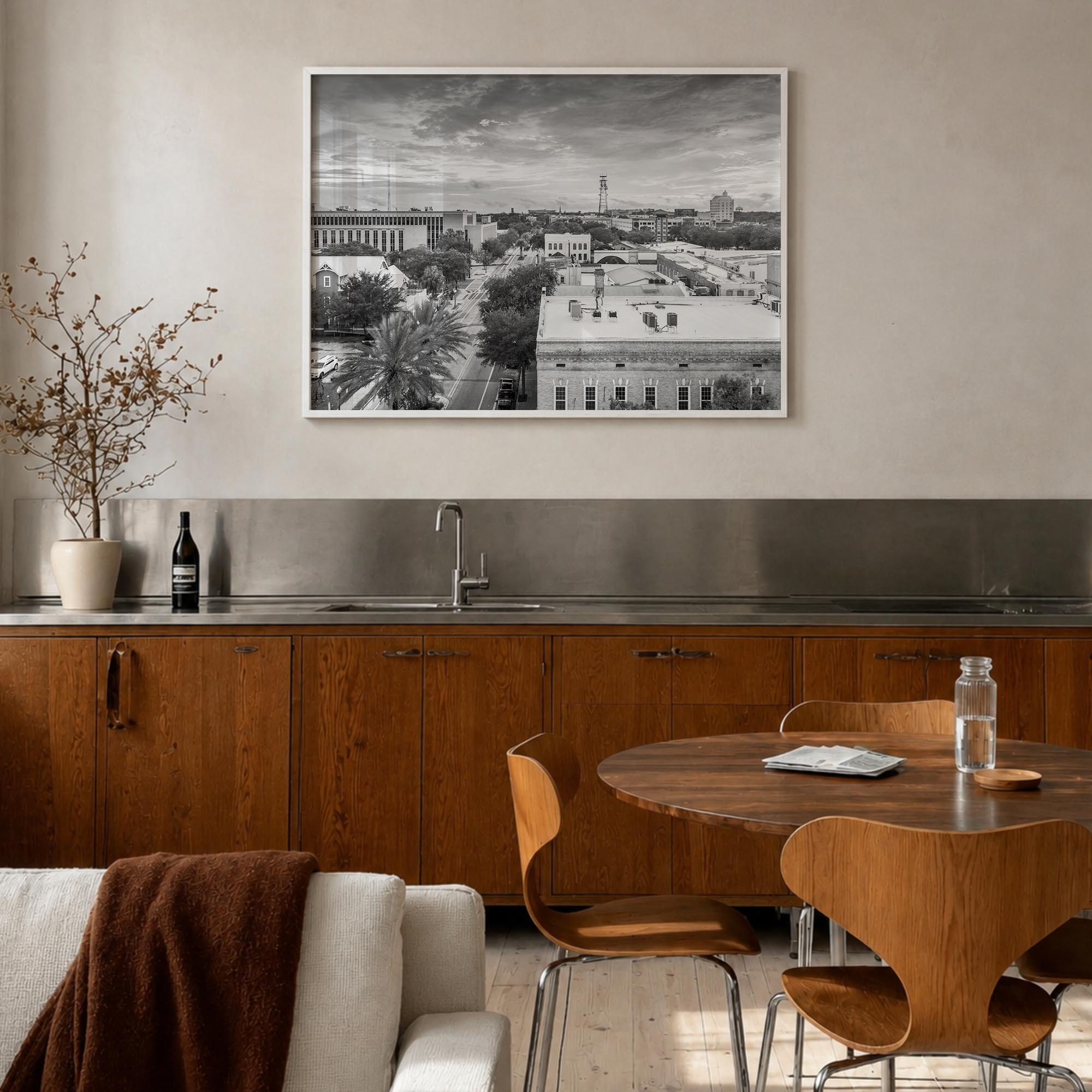 Gainesville black & white photo poster of Florida, USA – horizontal wall art in white wood frame, hanging on wall