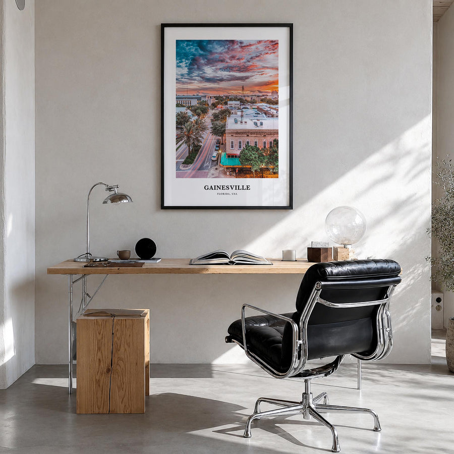Gainesville colorful classic poster of Florida, USA – vertical wall art in black wood frame, hanging on wall