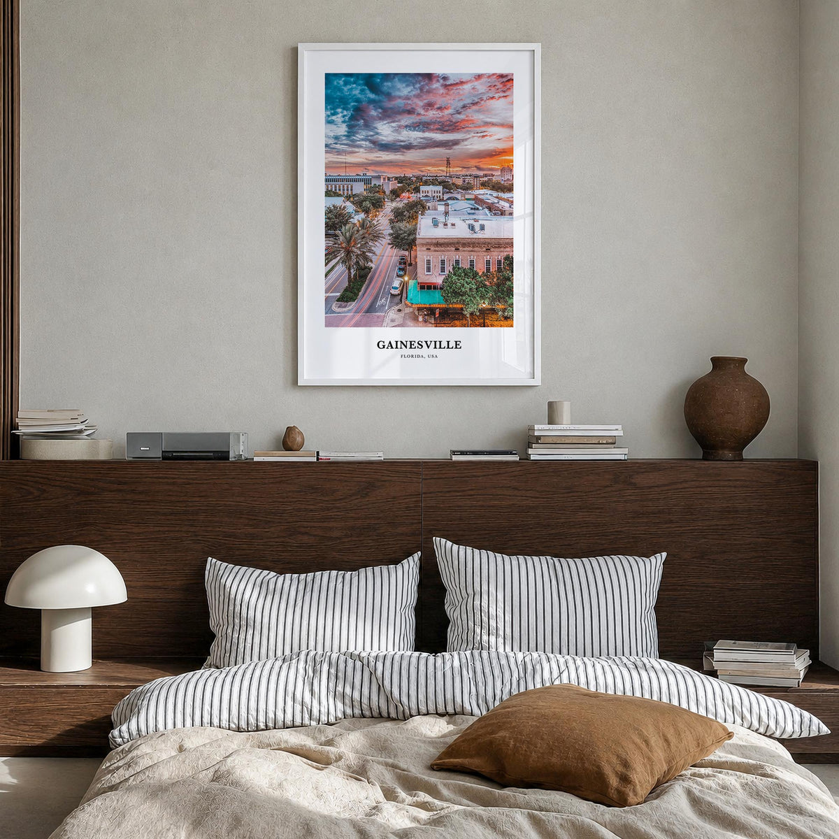 Gainesville colorful classic poster of Florida, USA – vertical wall art in white wood frame, hanging on wall