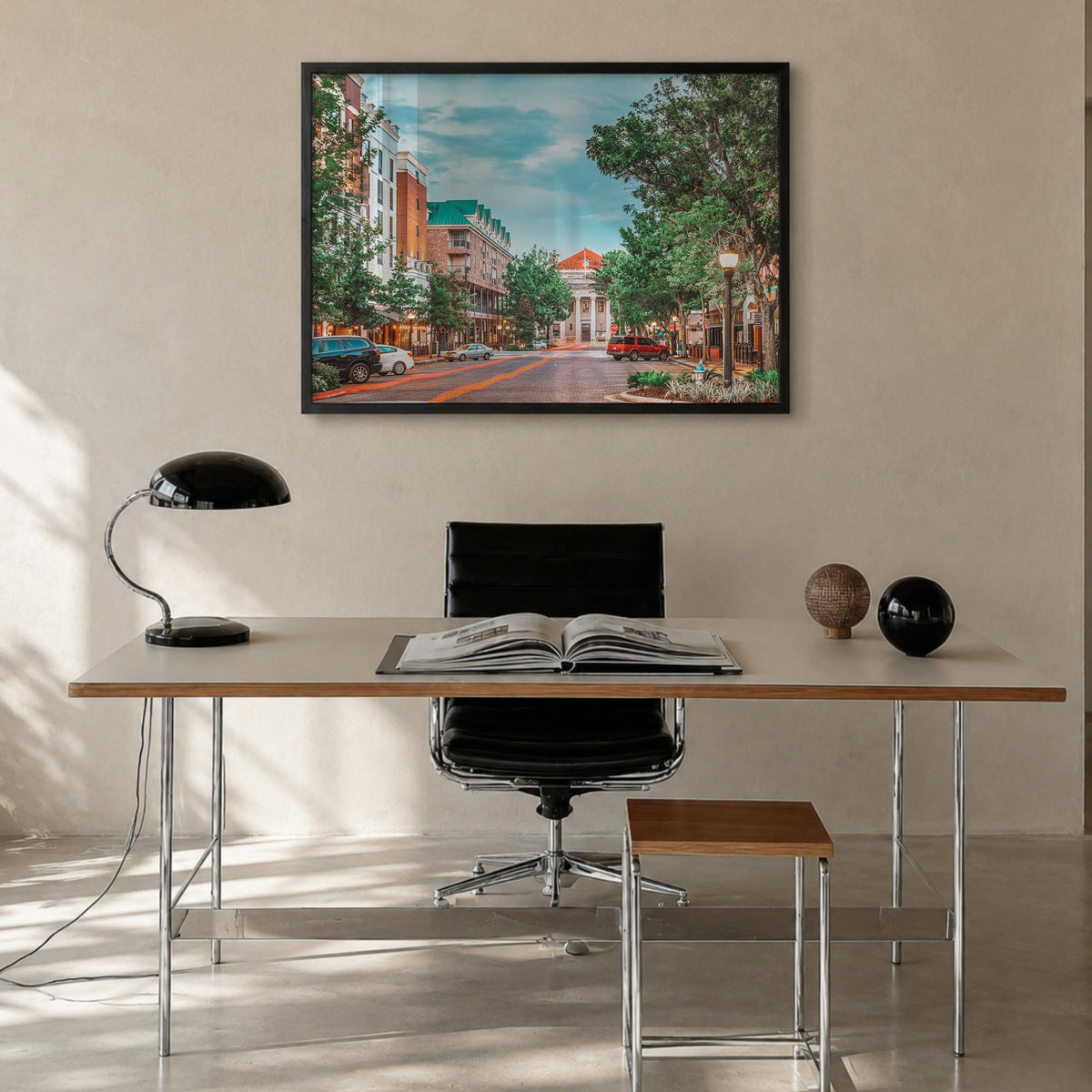Gainesville colorful photo poster of Florida, USA – horizontal wall art in black wood frame, hanging on wall