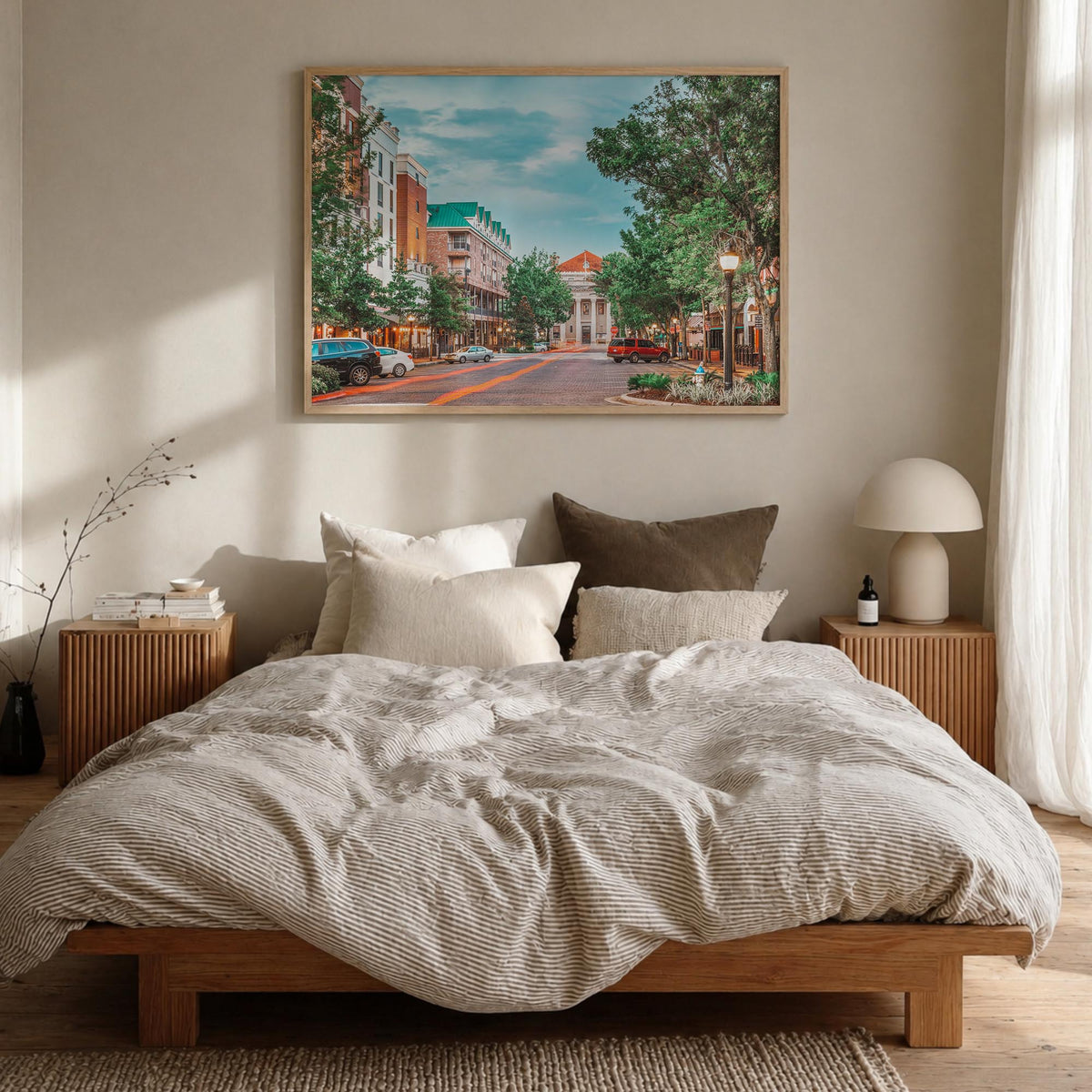 Gainesville colorful photo poster of Florida, USA – horizontal wall art in natural wood frame, hanging on wall