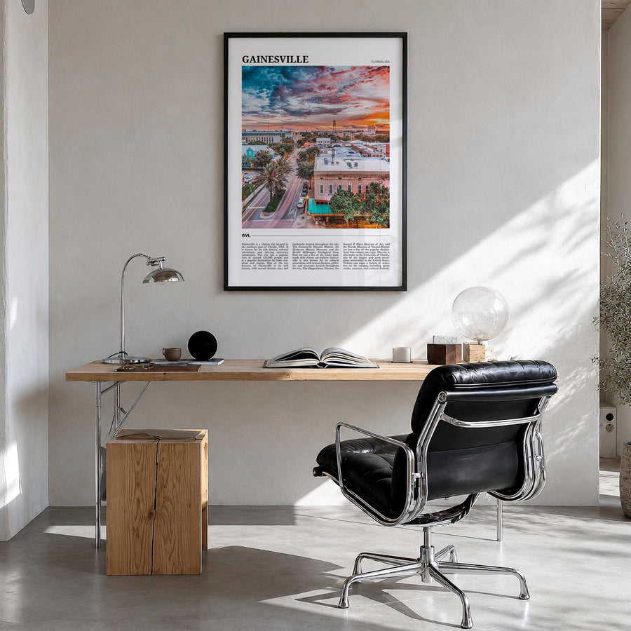 Gainesville colorful travel poster of Florida, USA – vertical wall art in black wood frame, hanging on wall