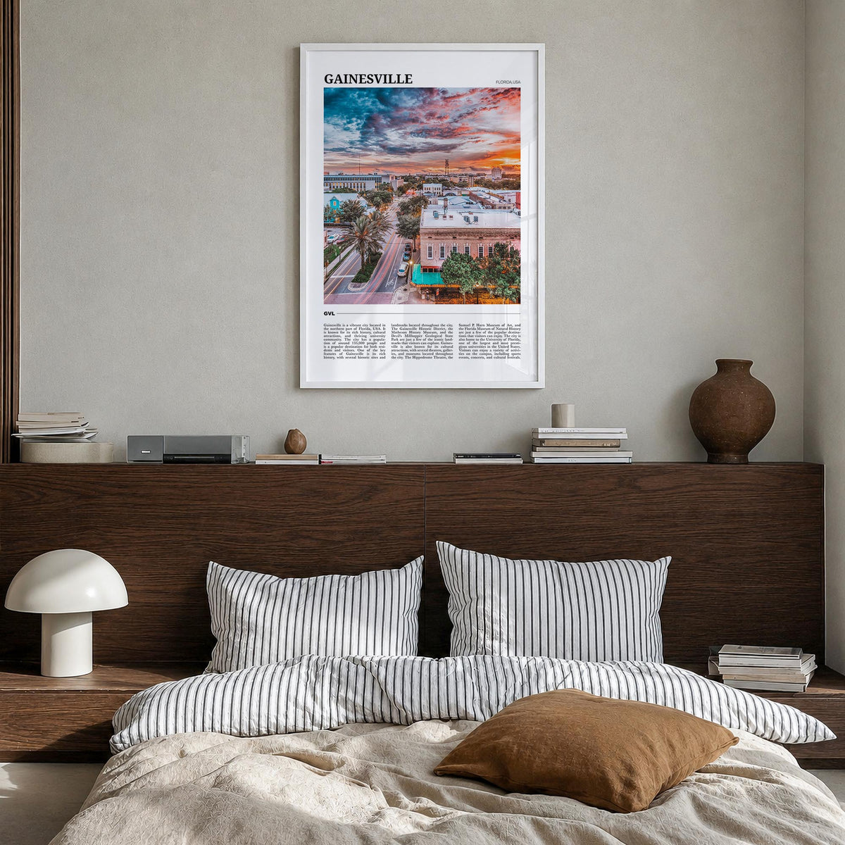 Gainesville colorful travel poster of Florida, USA – vertical wall art in white wood frame, hanging on wall