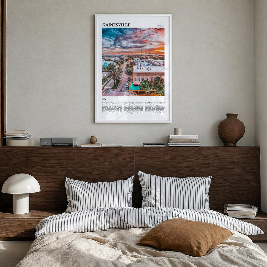 Gainesville colorful travel poster of Florida, USA – vertical wall art in white wood frame, hanging on wall