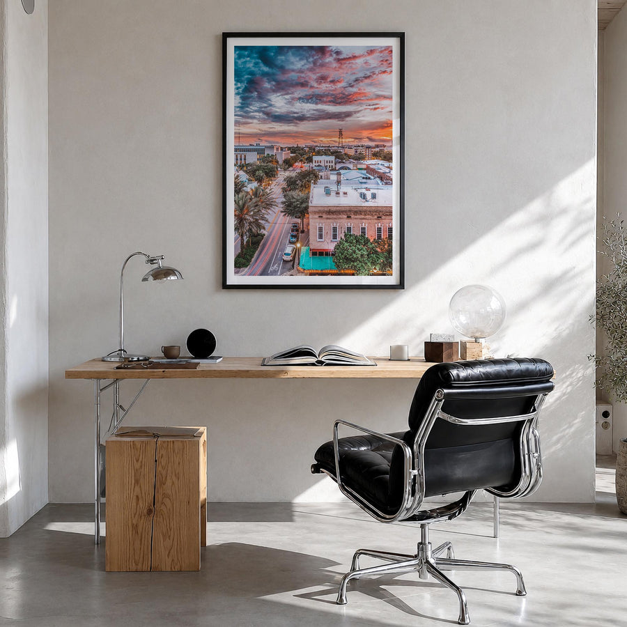Gainesville no. 1 colorful photo poster of Florida, USA – vertical wall art in black wood frame with white border, hanging on