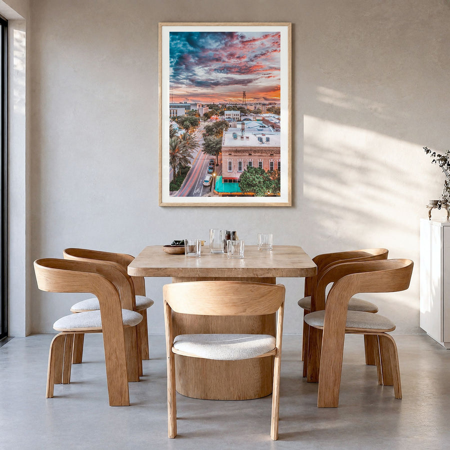 Gainesville Photo No 1 Poster in a natural wood frame, hanging in a dining room, white border