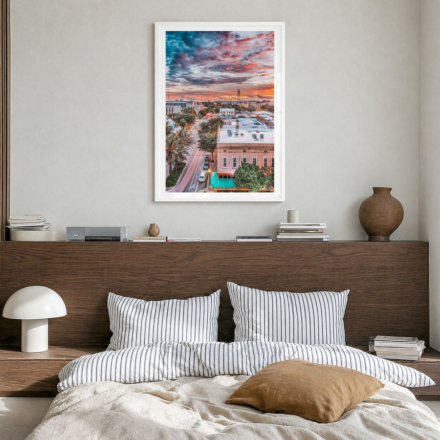 Gainesville Photo No 1 Poster in a white wood frame, hanging in a bedroom, white border