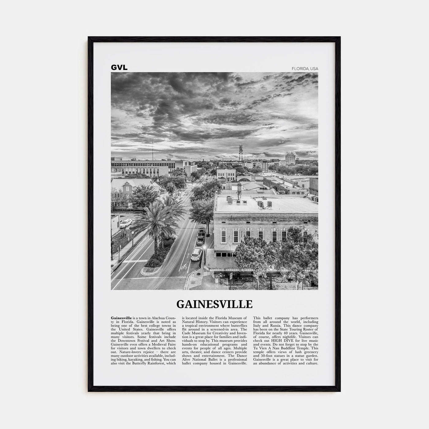 Gainesville Poster Black Wood / 8x12 in Nbourhood Travel B&W Poster