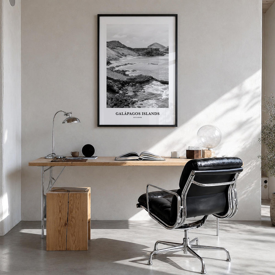 Galápagos Islands black & white classic poster of Ecuador – vertical wall art in black wood frame, hanging on wall