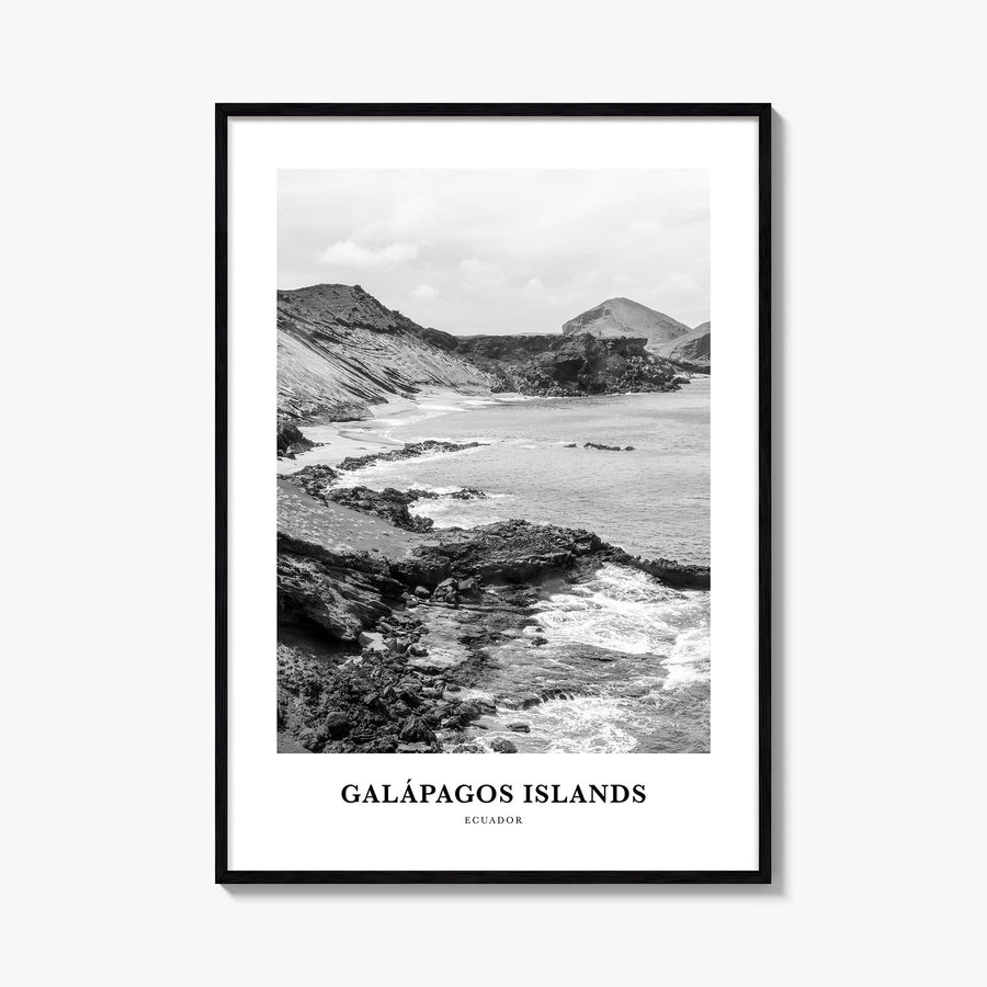 Galápagos Islands black & white classic poster of Ecuador – vertical wall art, unframed print shown in interior mockup