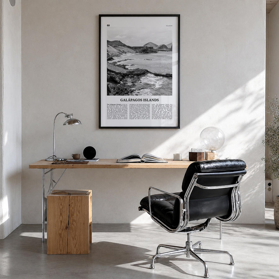 Galápagos Islands black & white newspaper poster of Ecuador – vertical wall art in black wood frame, hanging on wall