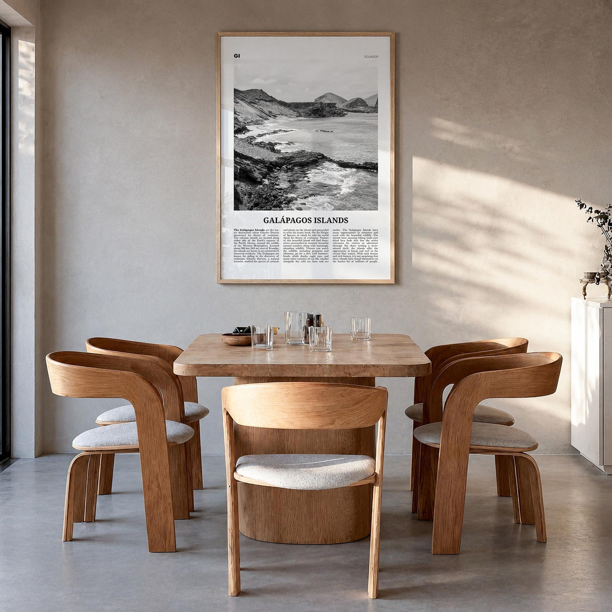 Galápagos Islands black & white newspaper poster of Ecuador – vertical wall art in natural wood frame, hanging on wall