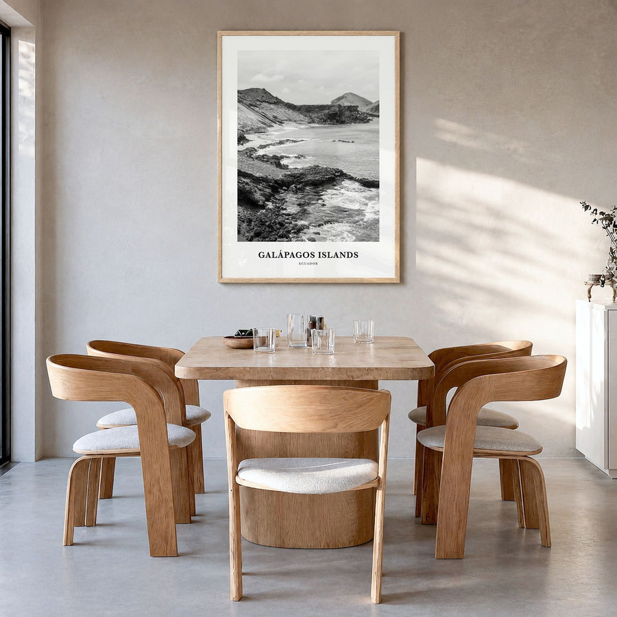 Galápagos Islands Classic Poster in a natural wood frame, hanging in a dining room