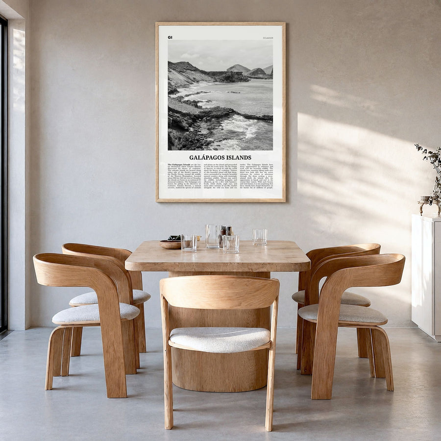 Galápagos Islands Newspaper Poster in a natural wood frame, hanging in a dining room