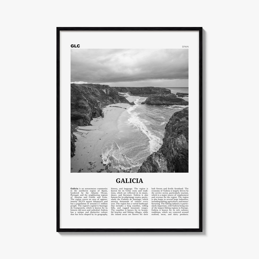 Galicia black & white newspaper poster of Spain – vertical wall art, unframed print shown in interior mockup