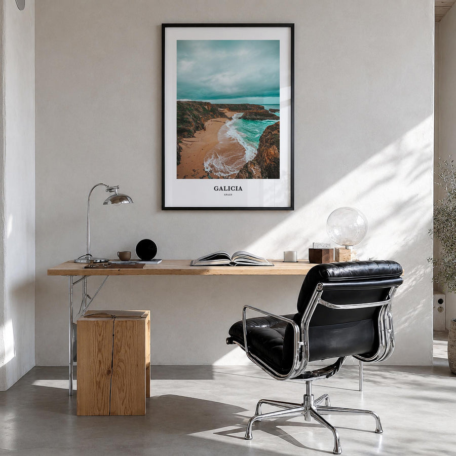 Galicia colorful classic poster of Spain – vertical wall art in black wood frame, hanging on wall