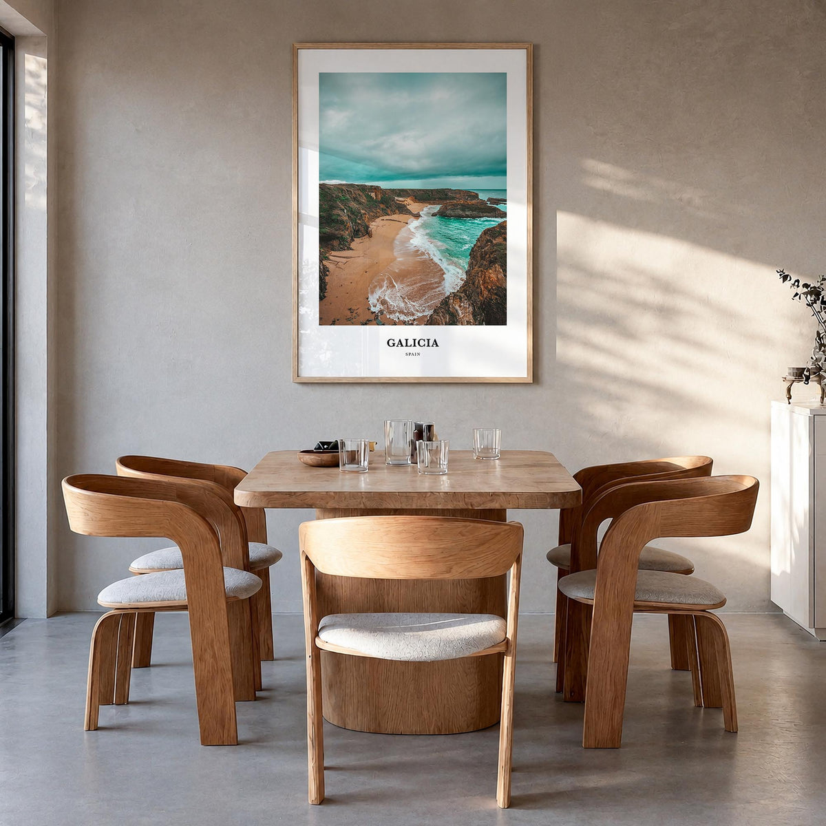 Galicia colorful classic poster of Spain – vertical wall art in natural wood frame, hanging on wall