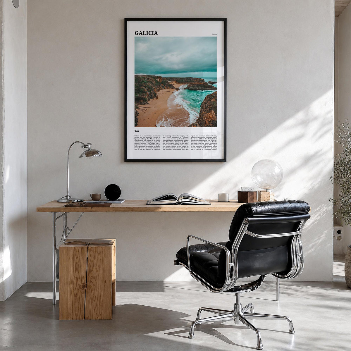 Galicia colorful travel poster of Spain – vertical wall art in black wood frame, hanging on wall
