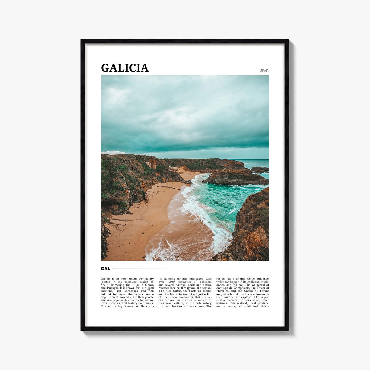Galicia colorful travel poster of Spain – vertical wall art, unframed print shown in interior mockup