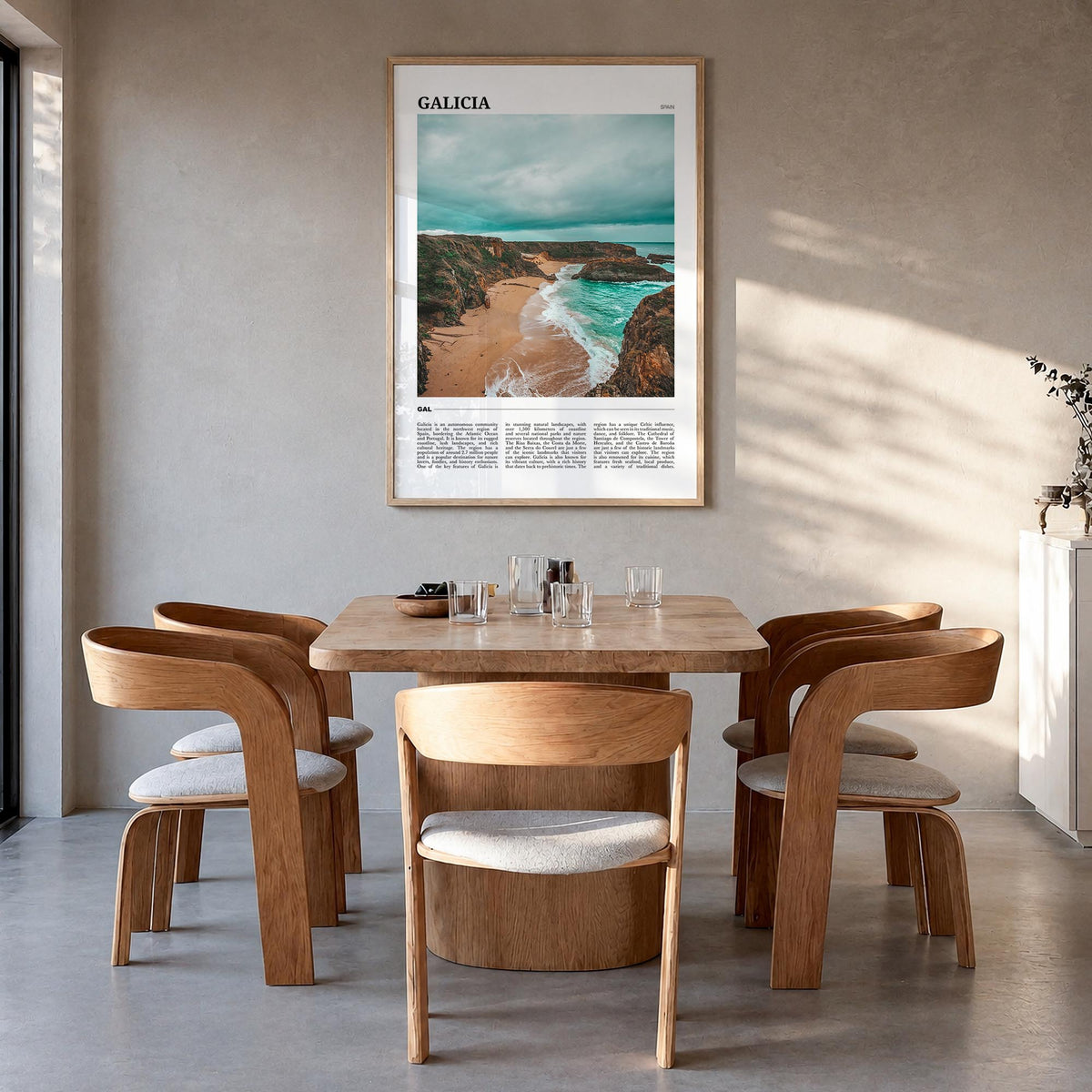 Galicia colorful travel poster of Spain – vertical wall art in natural wood frame, hanging on wall