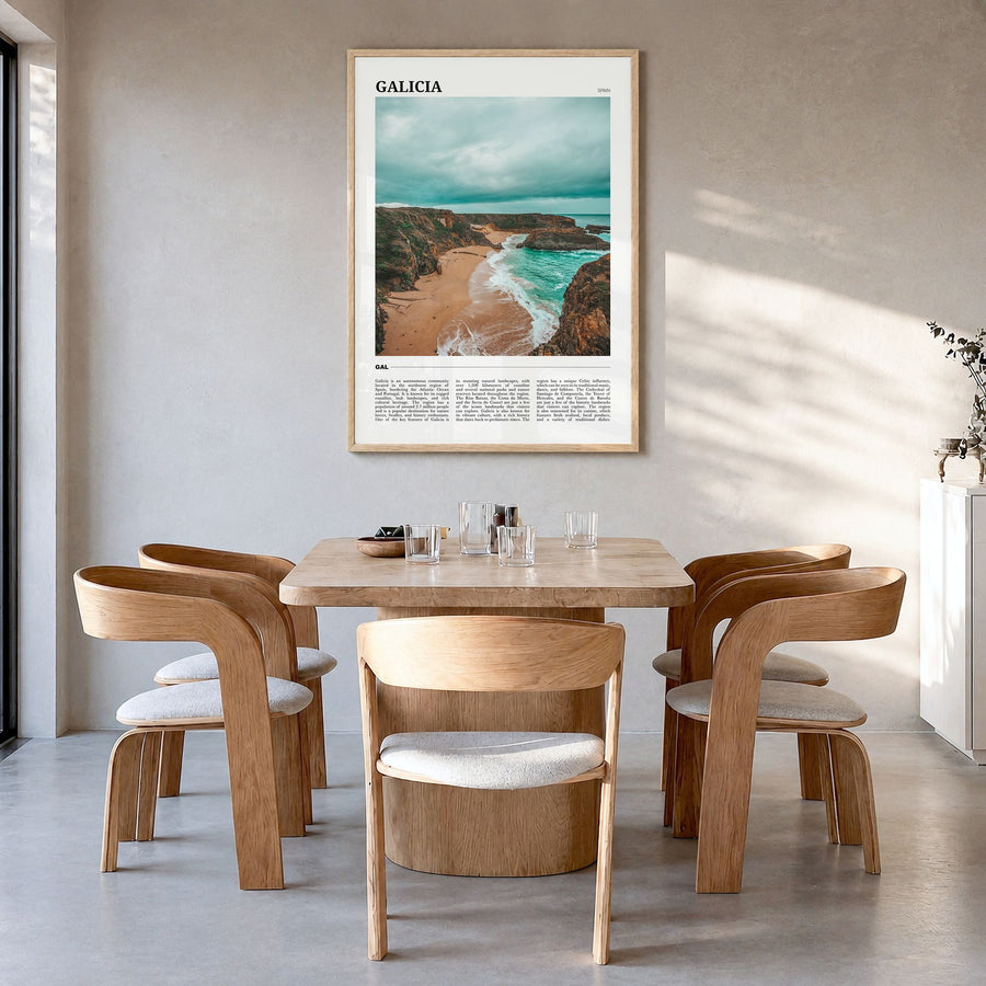 Galicia Travel Poster in a natural wood frame, hanging in a dining room