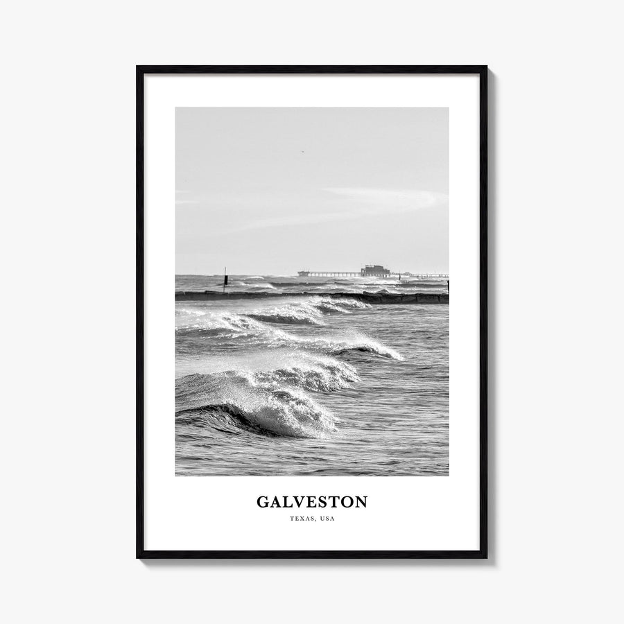 Galveston black & white classic poster of Texas, USA – vertical wall art, unframed print shown in interior mockup