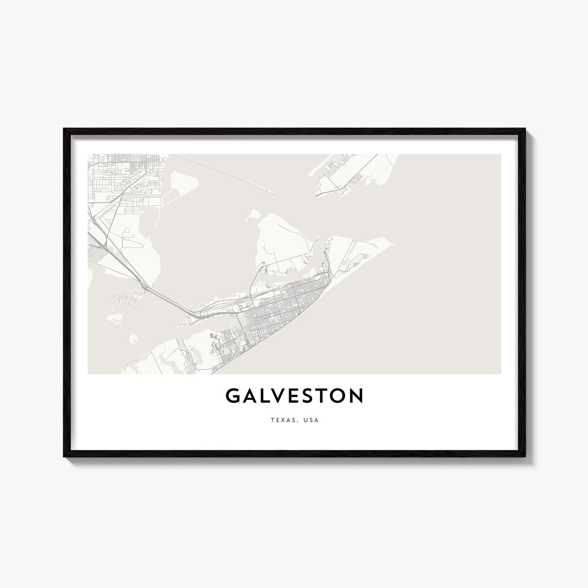 Galveston black & white map poster of Texas, USA – horizontal wall art, unframed print shown in interior mockup