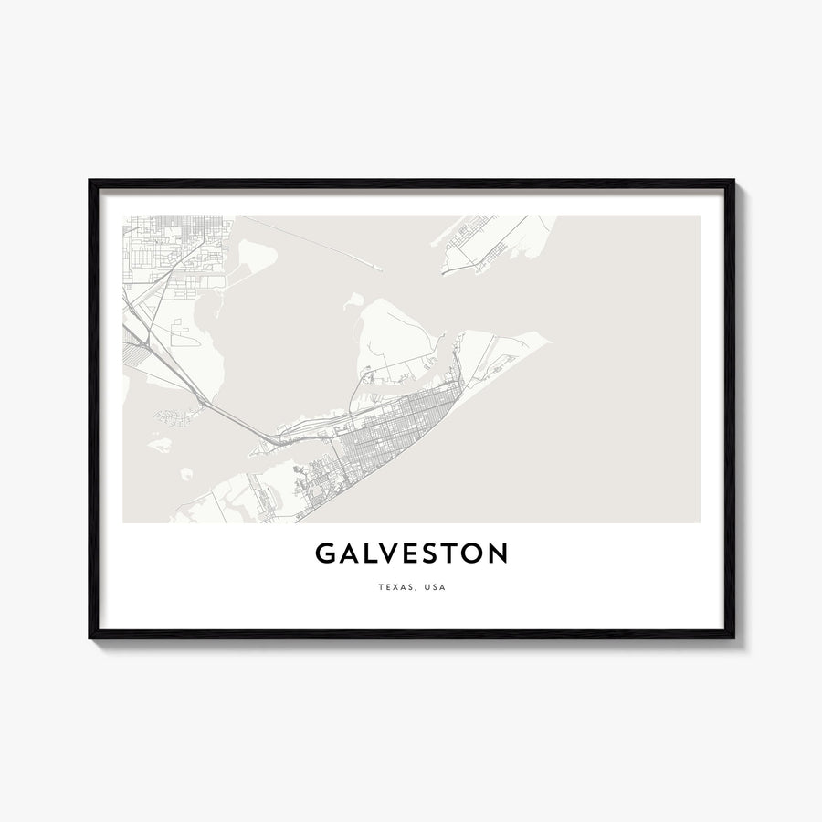 Galveston black & white map poster of Texas, USA – horizontal wall art, unframed print shown in interior mockup