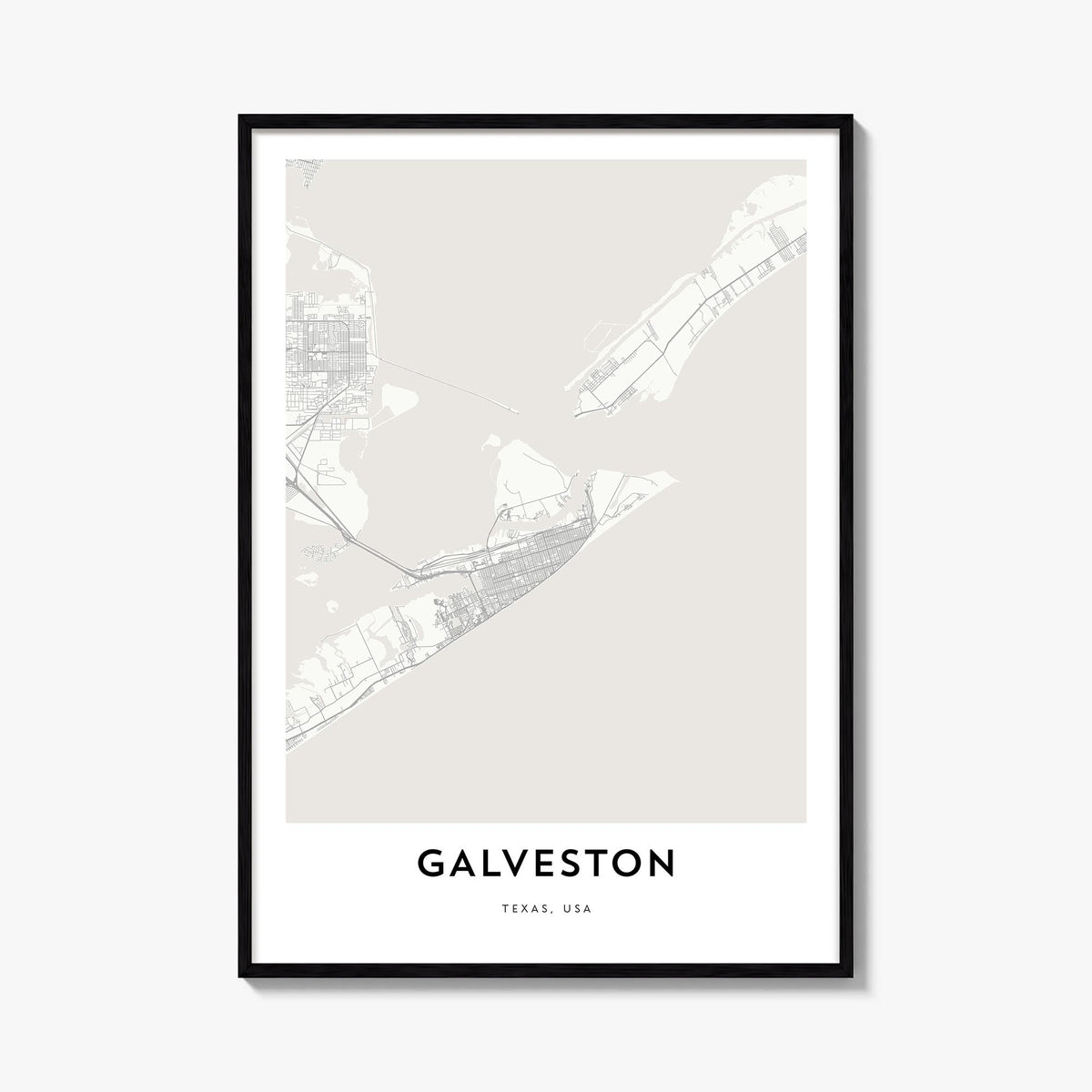 Galveston black & white map poster of Texas, USA – vertical wall art, unframed print shown in interior mockup