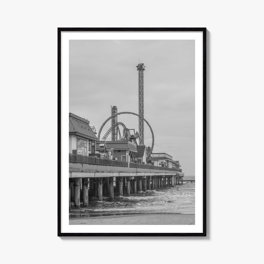 Galveston black & white photo poster of Texas, USA – vertical wall art, unframed print shown in interior mockup