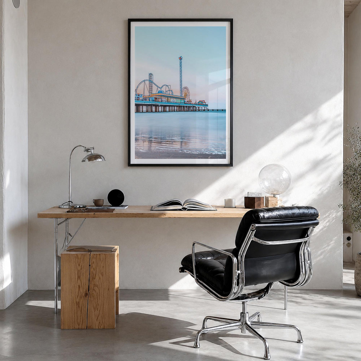 Galveston colorful photo poster of Texas, USA – vertical wall art in black wood frame with white border, hanging on wall