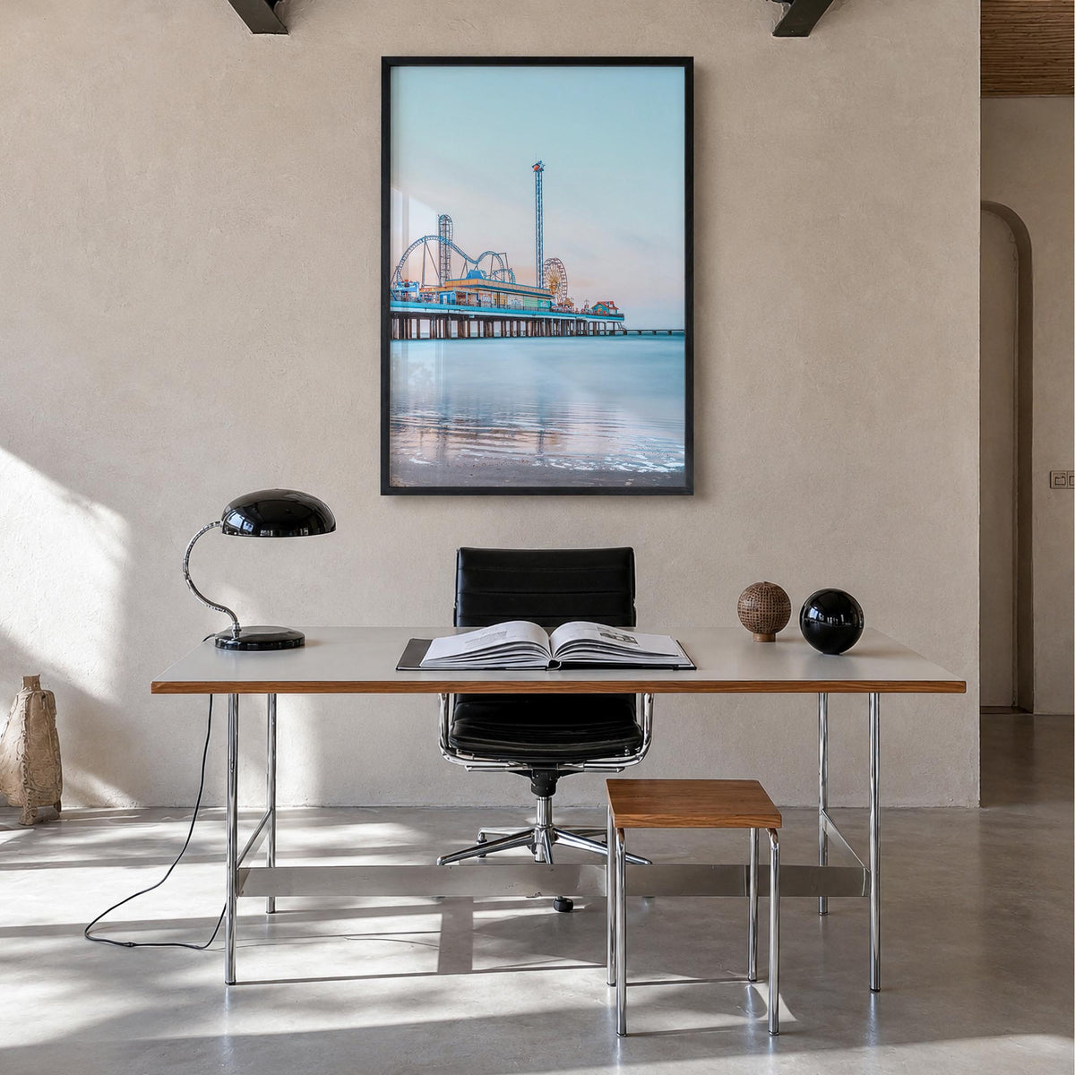 Galveston colorful photo poster of Texas, USA – vertical wall art in black wood frame, hanging on wall
