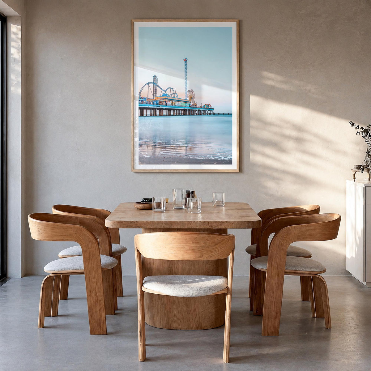 Galveston colorful photo poster of Texas, USA – vertical wall art in natural wood frame with white border, hanging on wall