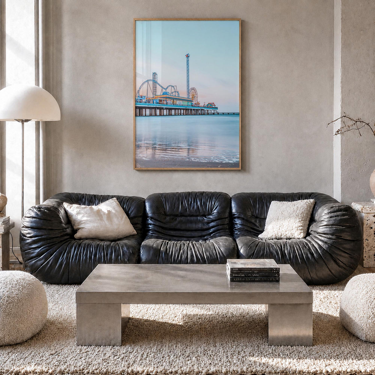 Galveston colorful photo poster of Texas, USA – vertical wall art in natural wood frame, hanging on wall