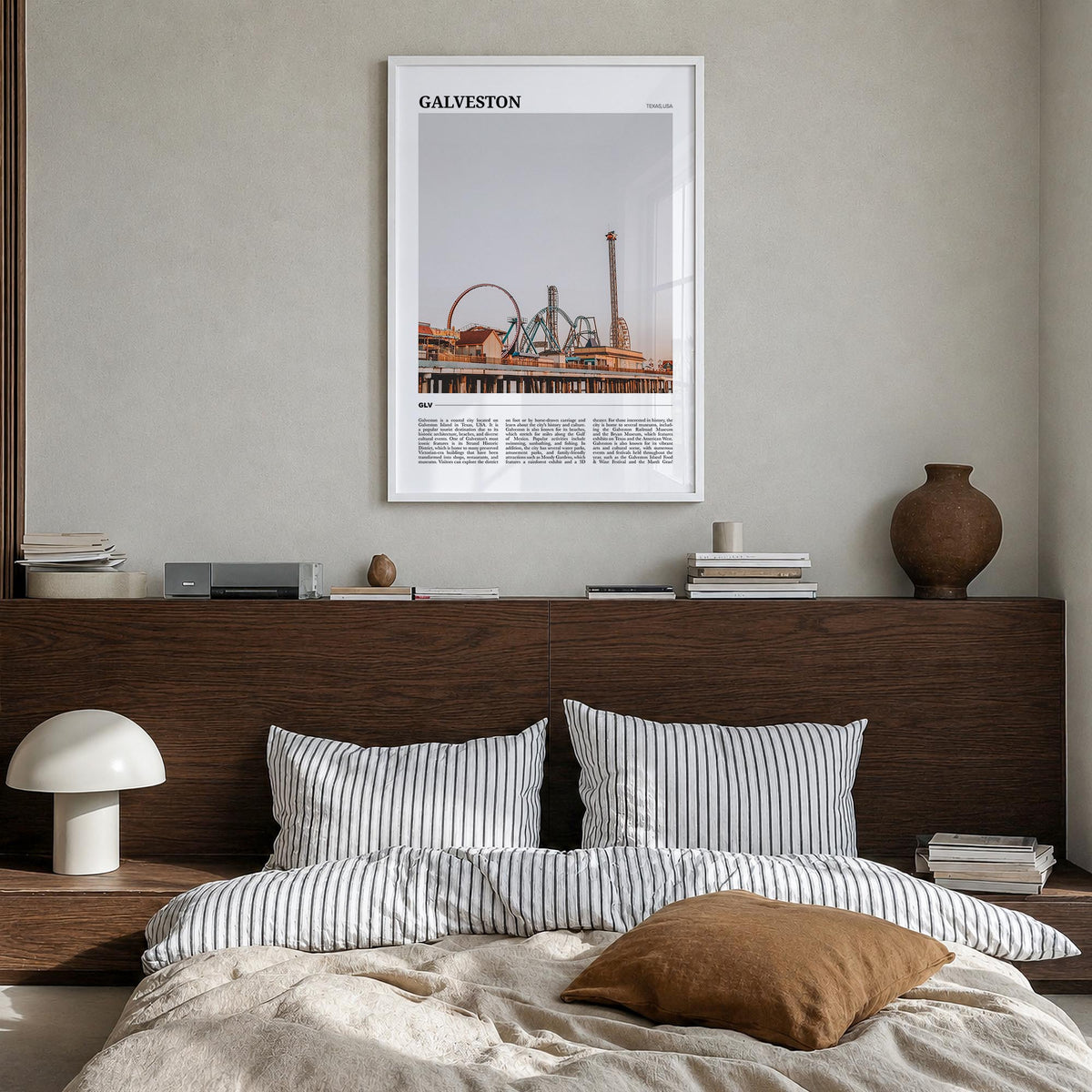Galveston colorful travel poster of Texas, USA – vertical wall art in white wood frame, hanging on wall