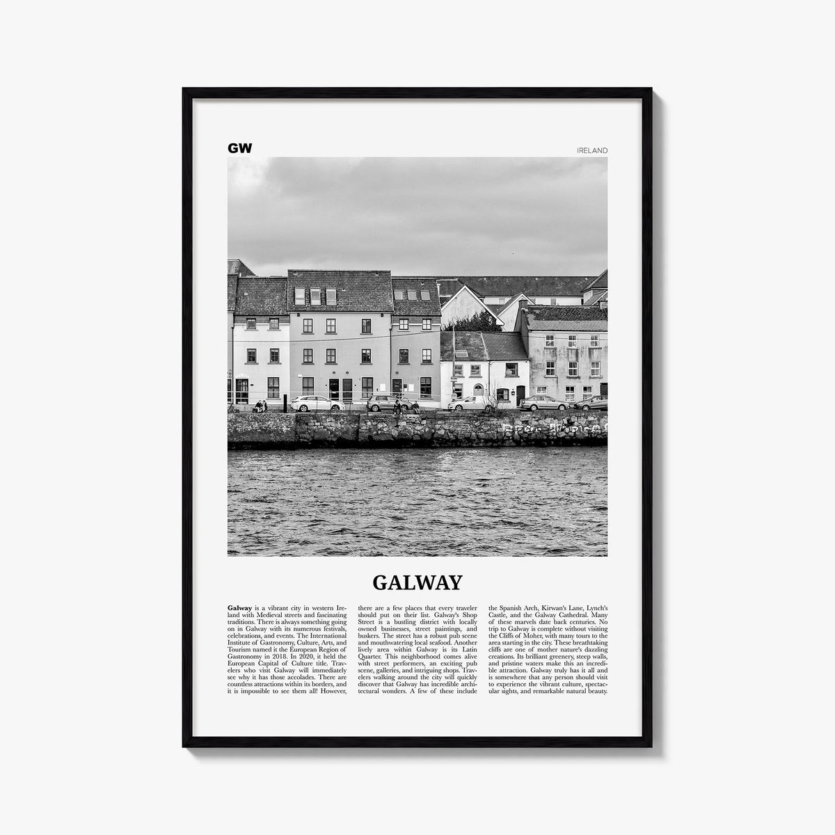 Galway black & white newspaper poster of Ireland – vertical wall art, unframed print shown in interior mockup