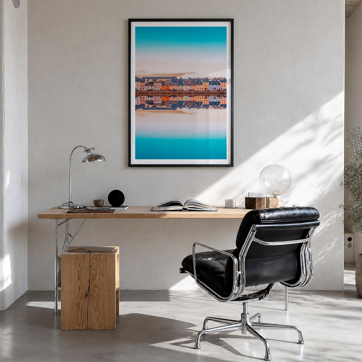 Galway colorful photo poster of Ireland – vertical wall art in black wood frame with white border, hanging on wall