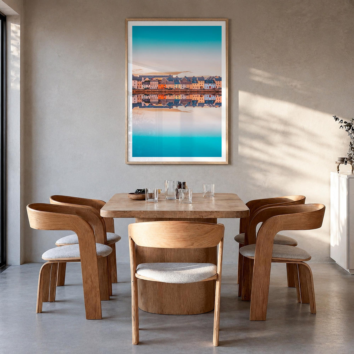 Galway colorful photo poster of Ireland – vertical wall art in natural wood frame with white border, hanging on wall