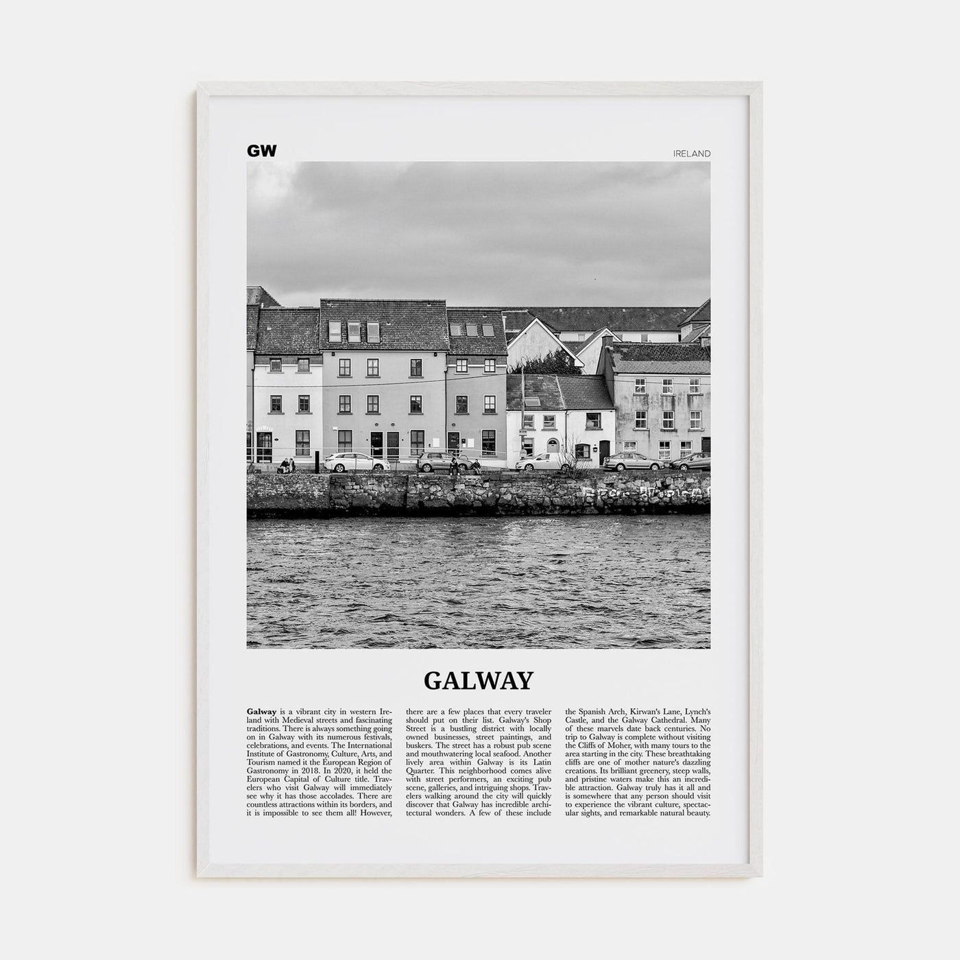 Galway Poster White Wood / 8x12 in Nbourhood Travel B&W Poster