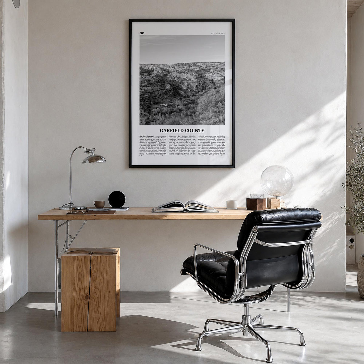 Garfield County black & white newspaper poster of Colorado, USA – vertical wall art in black wood frame, hanging on wall