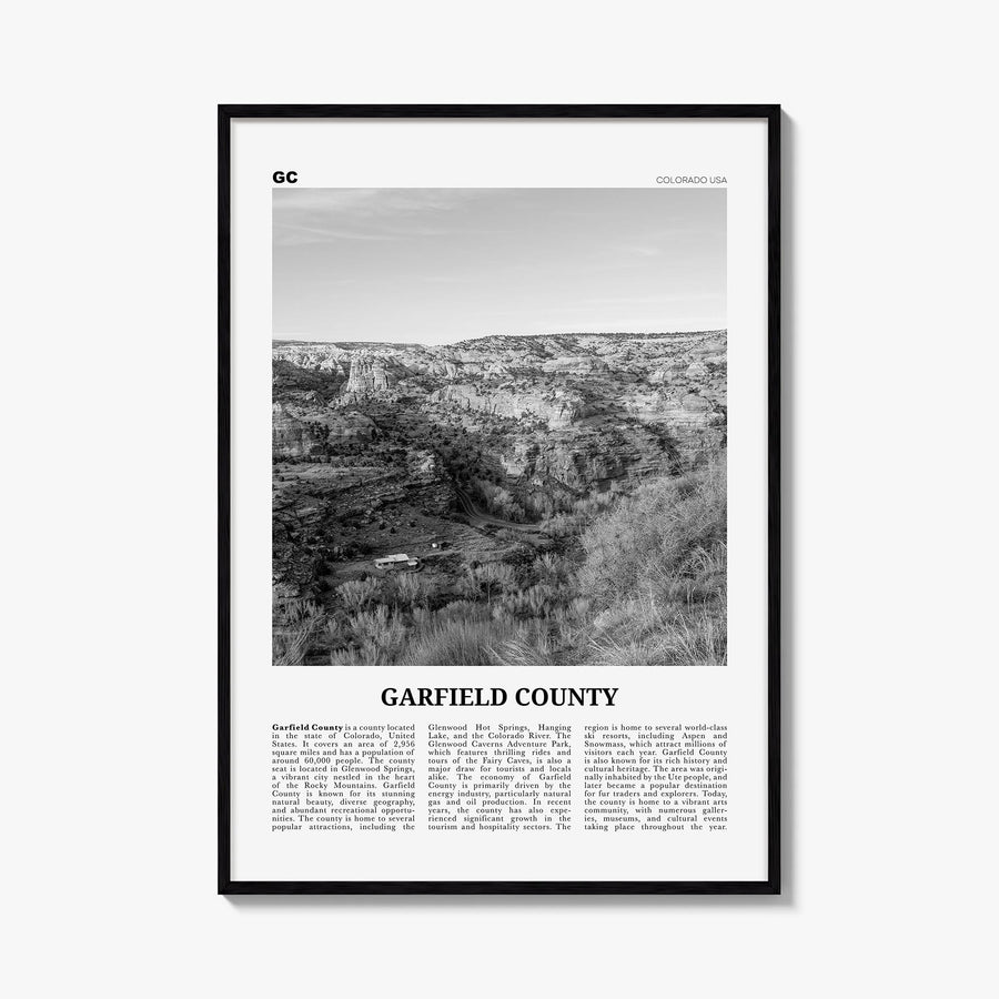Garfield County black & white newspaper poster of Colorado, USA – vertical wall art, unframed print shown in interior mockup