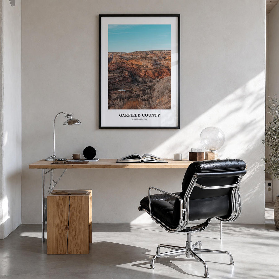 Garfield County colorful classic poster of Colorado, USA – vertical wall art in black wood frame, hanging on wall
