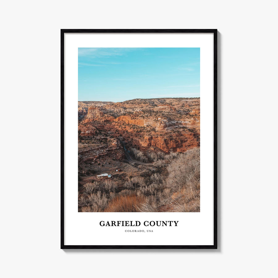 Garfield County colorful classic poster of Colorado, USA – vertical wall art, unframed print shown in interior mockup