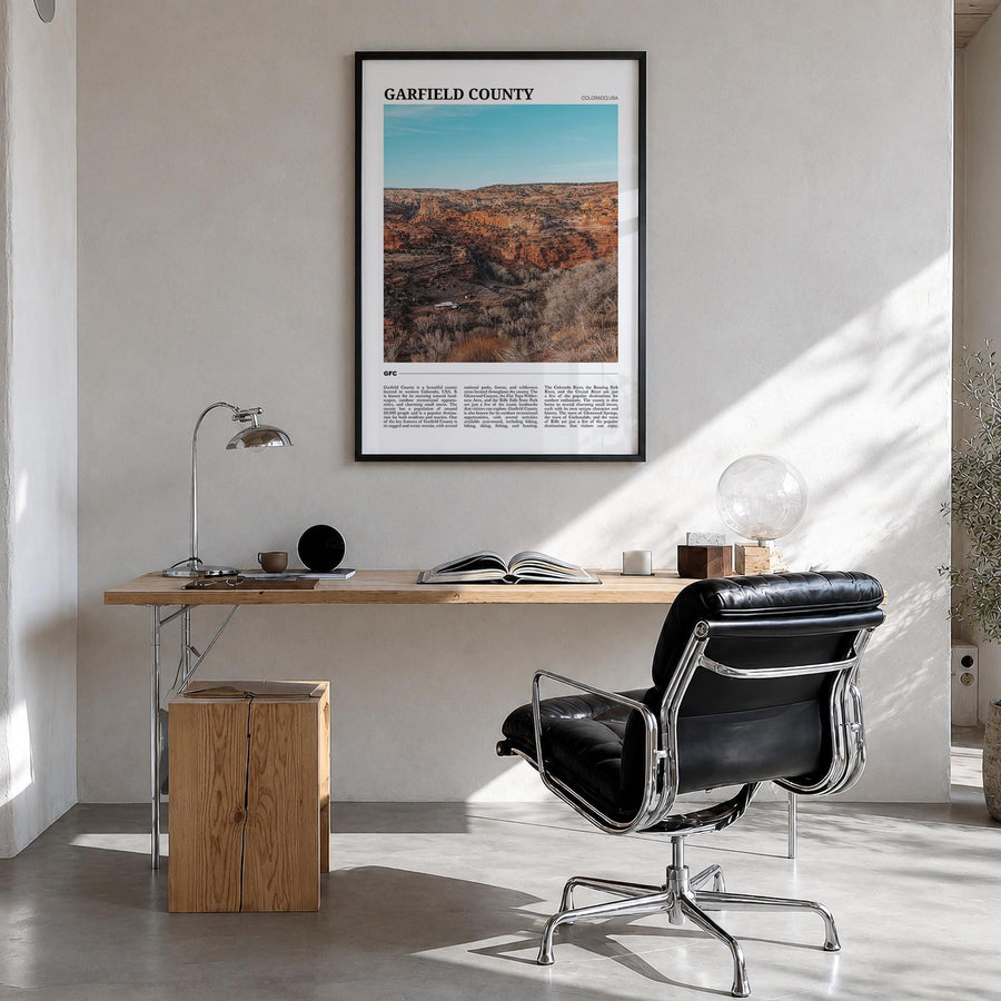 Garfield County colorful travel poster of Colorado, USA – vertical wall art in black wood frame, hanging on wall