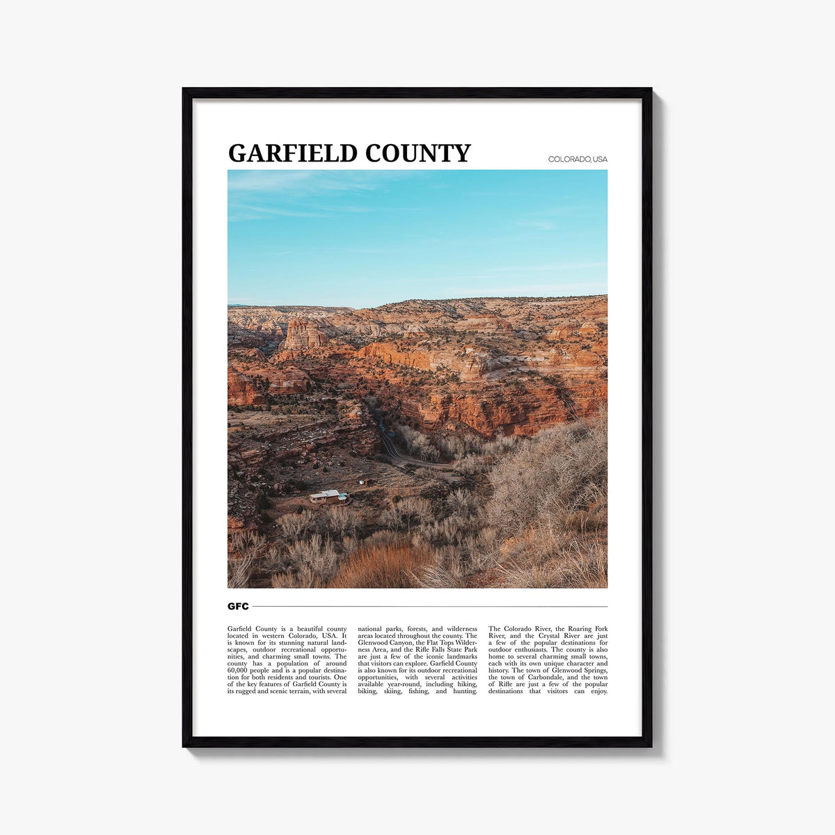 Garfield County colorful travel poster of Colorado, USA – vertical wall art, unframed print shown in interior mockup