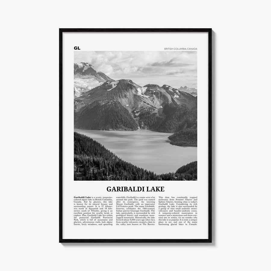 Garibaldi Lake black & white newspaper poster of Canada – vertical wall art, unframed print shown in interior mockup