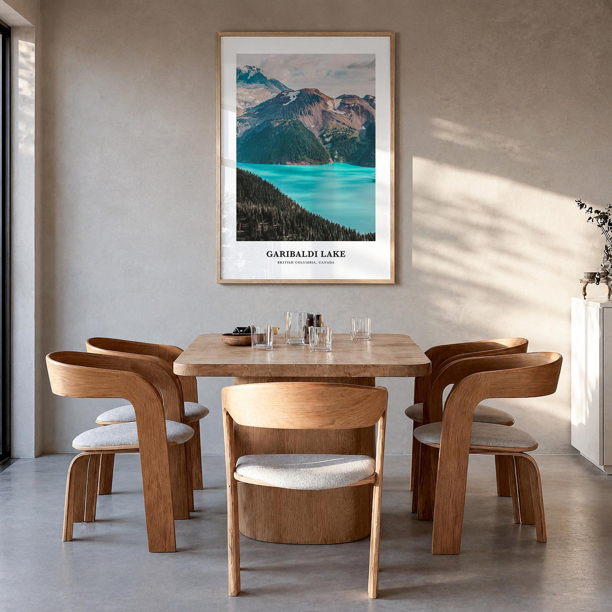 Garibaldi Lake colorful classic poster of Canada – vertical wall art in natural wood frame, hanging on wall