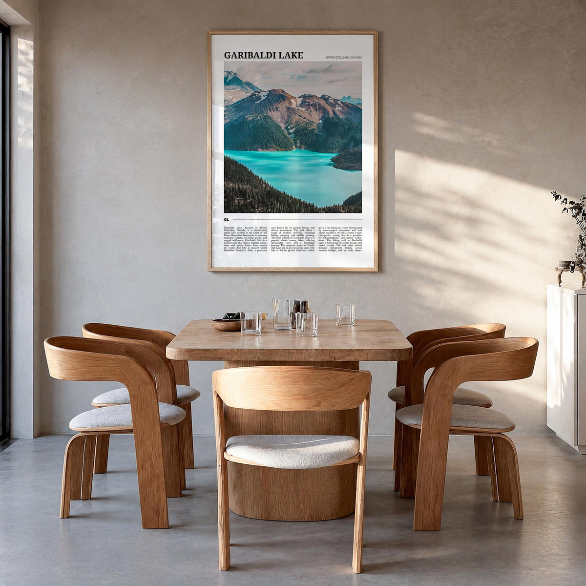 Garibaldi Lake colorful travel poster of Canada – vertical wall art in natural wood frame, hanging on wall