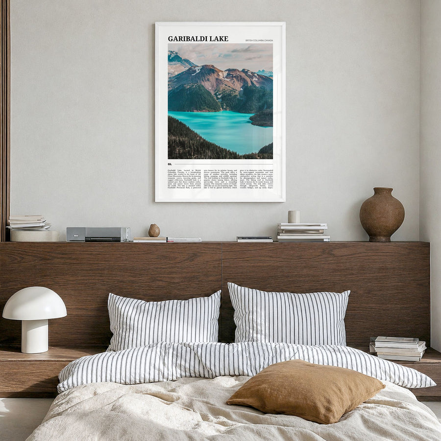 Garibaldi Lake Travel Poster in a white wood frame, hanging in a bedroom